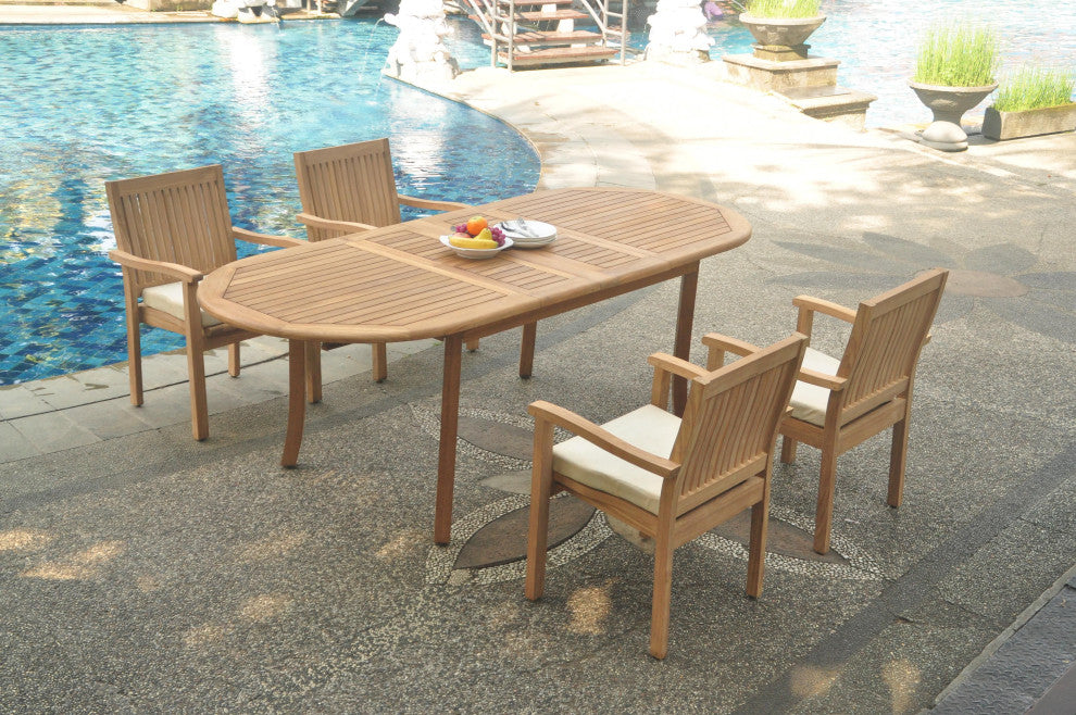 5-Piece Outdoor Teak Dining Set: 94" Oval Table, 4 Leveb Stacking Arm Chairs