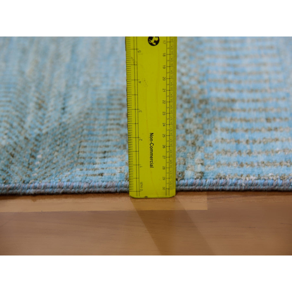 Blue Hand Knotted Dyed Wool and Silk Grass Design XL Runner Rug  2'6"x16'3"