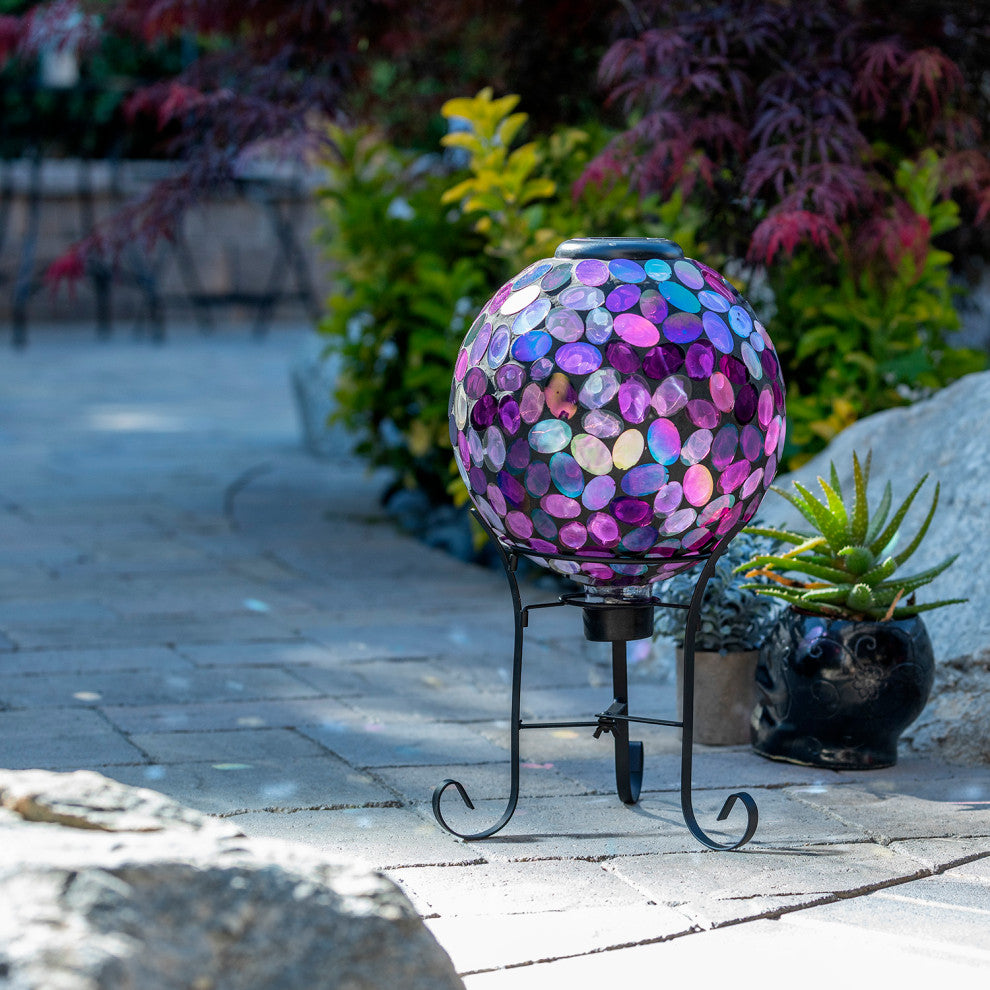 Solar Powered Pink Glass Mosaic Gazing Globe with LED Lights and Metal Stand