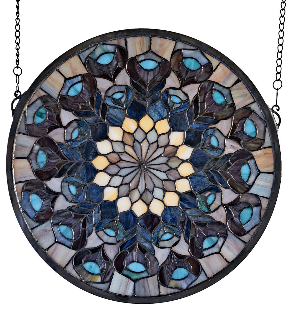 17W X 17H Tiffany Peacock Feather Medallion Stained Glass Window