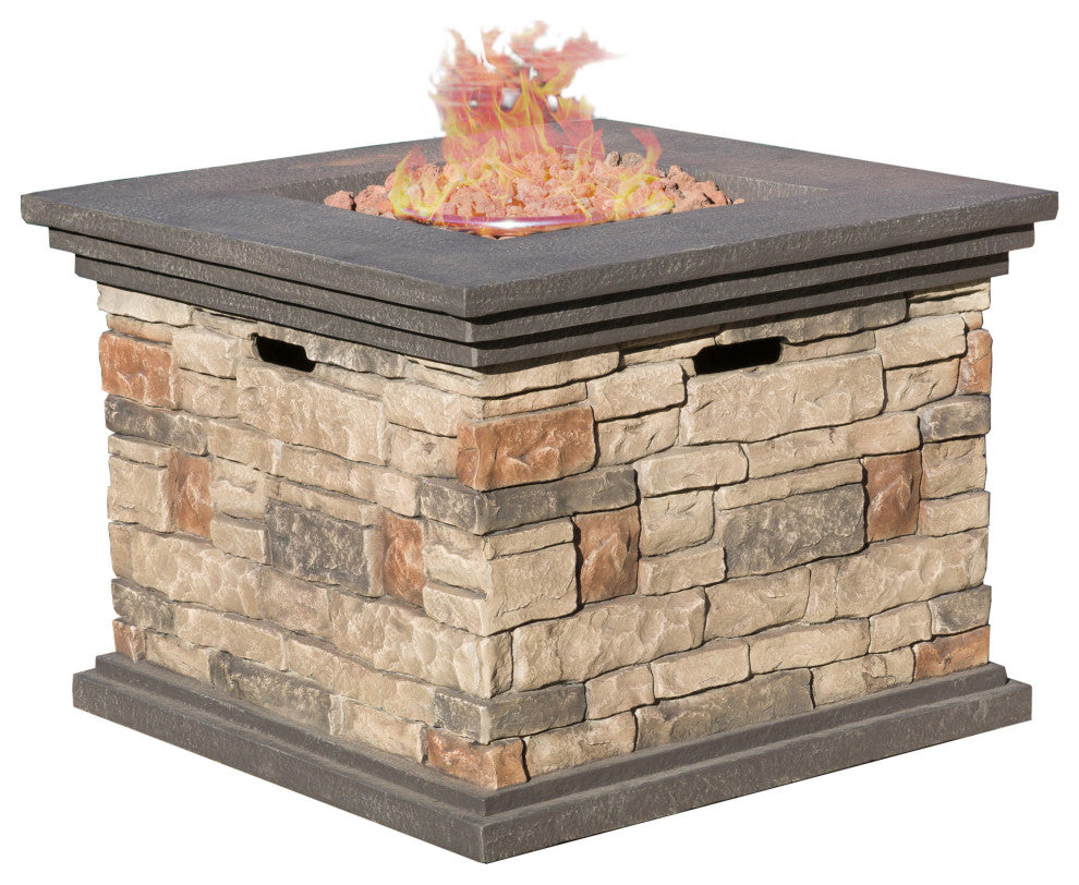 GDF Studio 3-Piece Augusta Outdoor Wicker Rocker and Gas Firepit Set, Stone