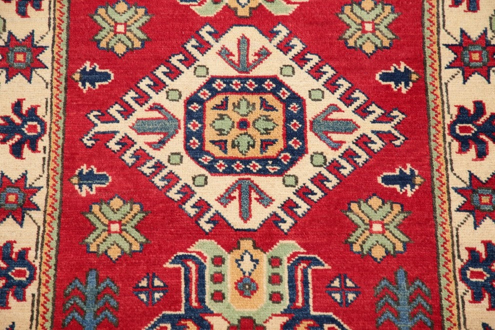 Kazak Traditional Wool Handmade Pakistani Oriental Area Rug, Red, 4'0"X2'8"