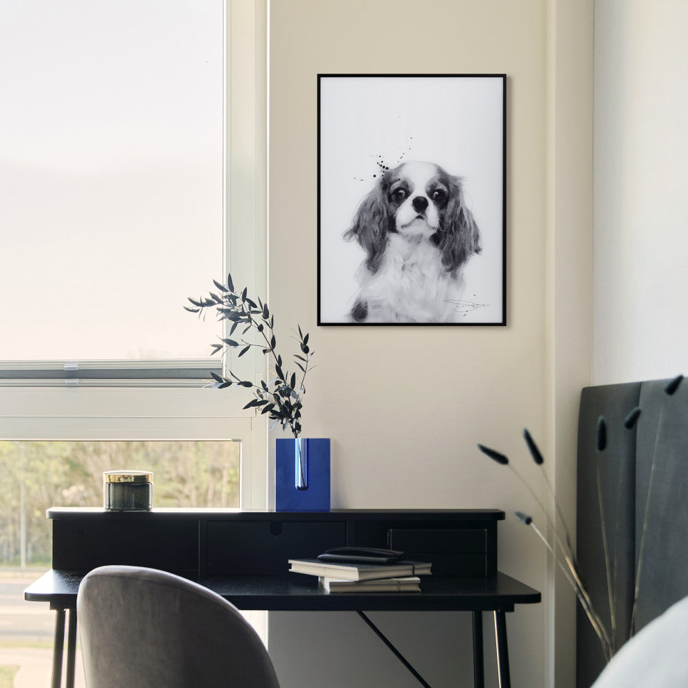 "King Charles Spaniel" Black and White Pet Art on Glass with Anodized Frame