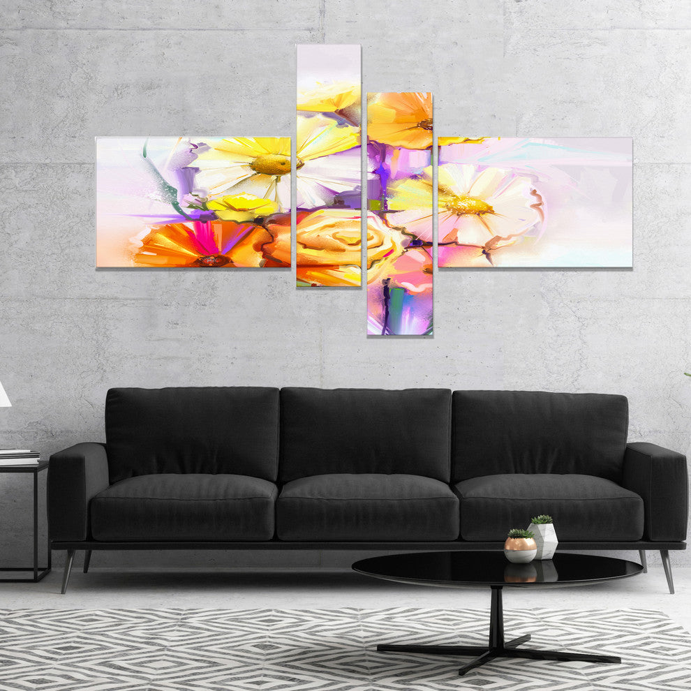 Yellow Pink Gerbera and Rose Bouquet, Large Floral Wall Art, 60"x32", 4 panels