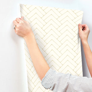 Oswin Light Yellow Tiered Herringbone Wallpaper Sample