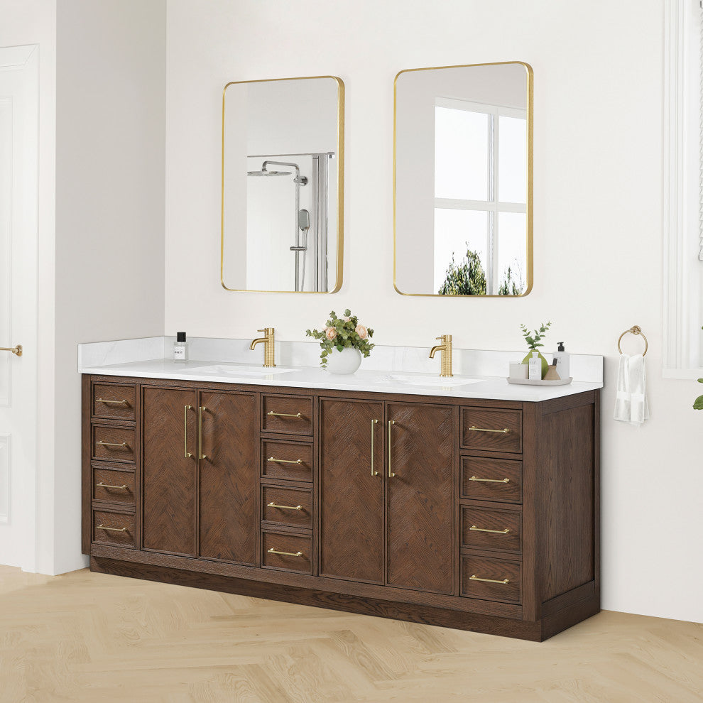 Jakarta Bath Vanity, Quartz Top No Mirror, Dark Brown Oak, 84", Double Vanity