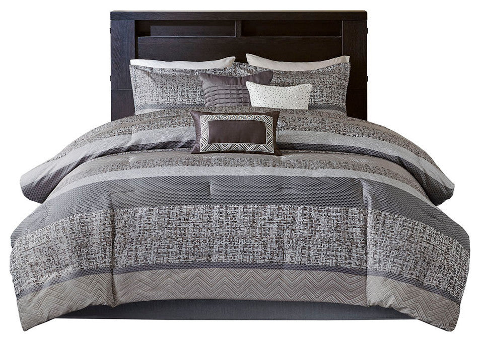 Madison Park Rhapsody Jacquard Stripe Mosaic 7-Piece Comforter Set, Grey