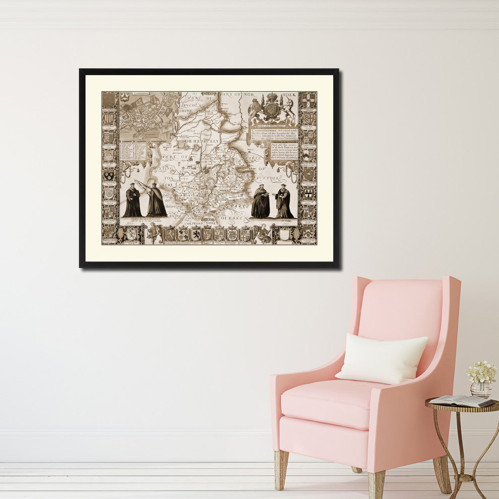 Cambridgeshire Vintage Sepia Map Canvas Print, 28"x37"