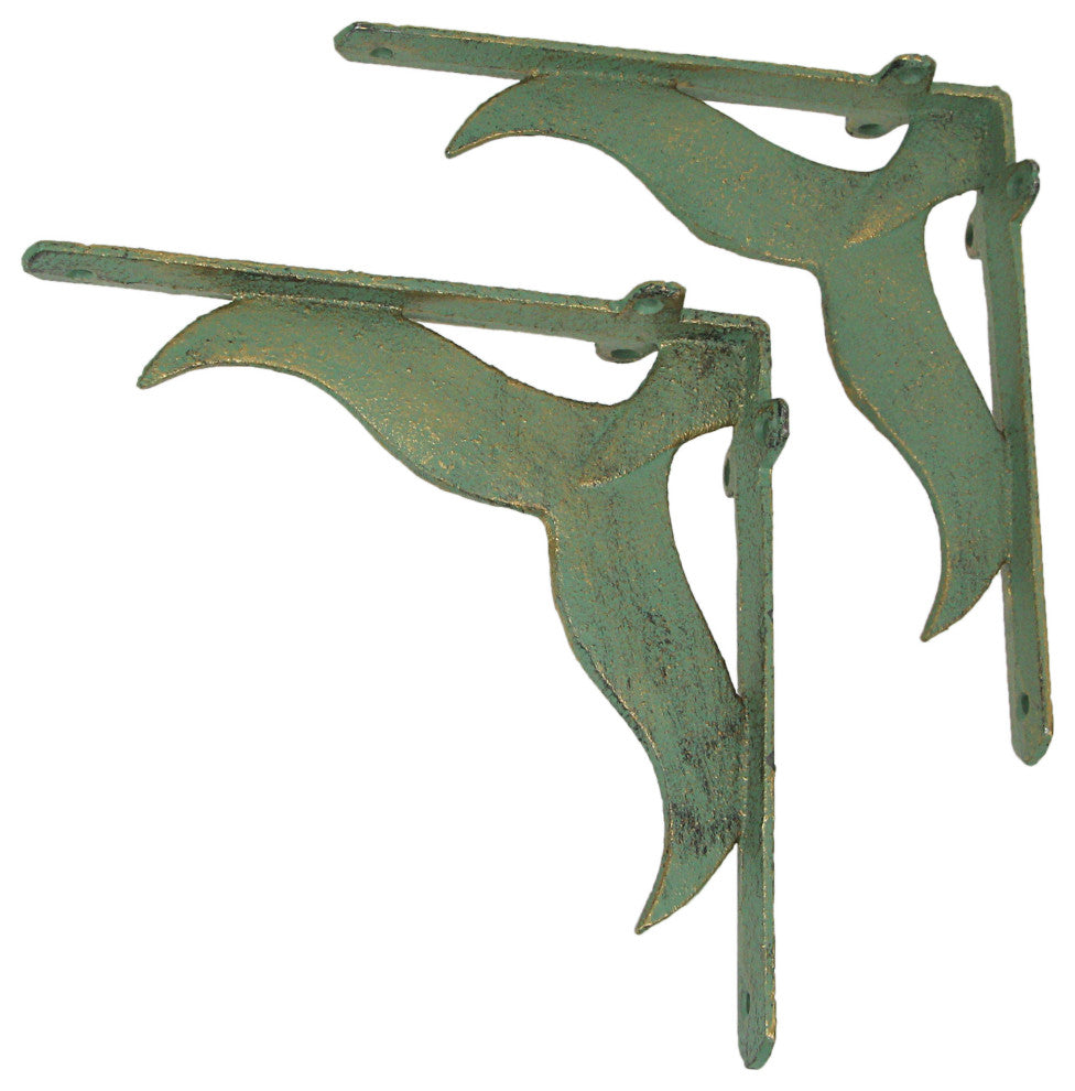 Set of 2 Cast Iron Verdigris Whale Tail Wall Bracket Shelf Decor