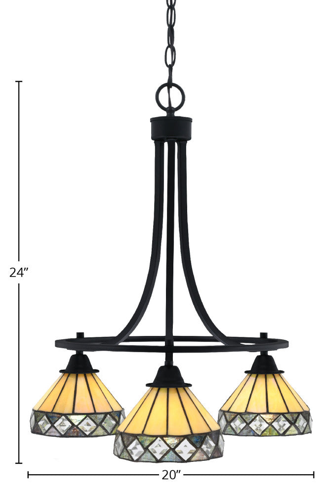 Paramount Downlight 3-Light Chandelier, Matte Black, 7" Diamond Peak Art Glass