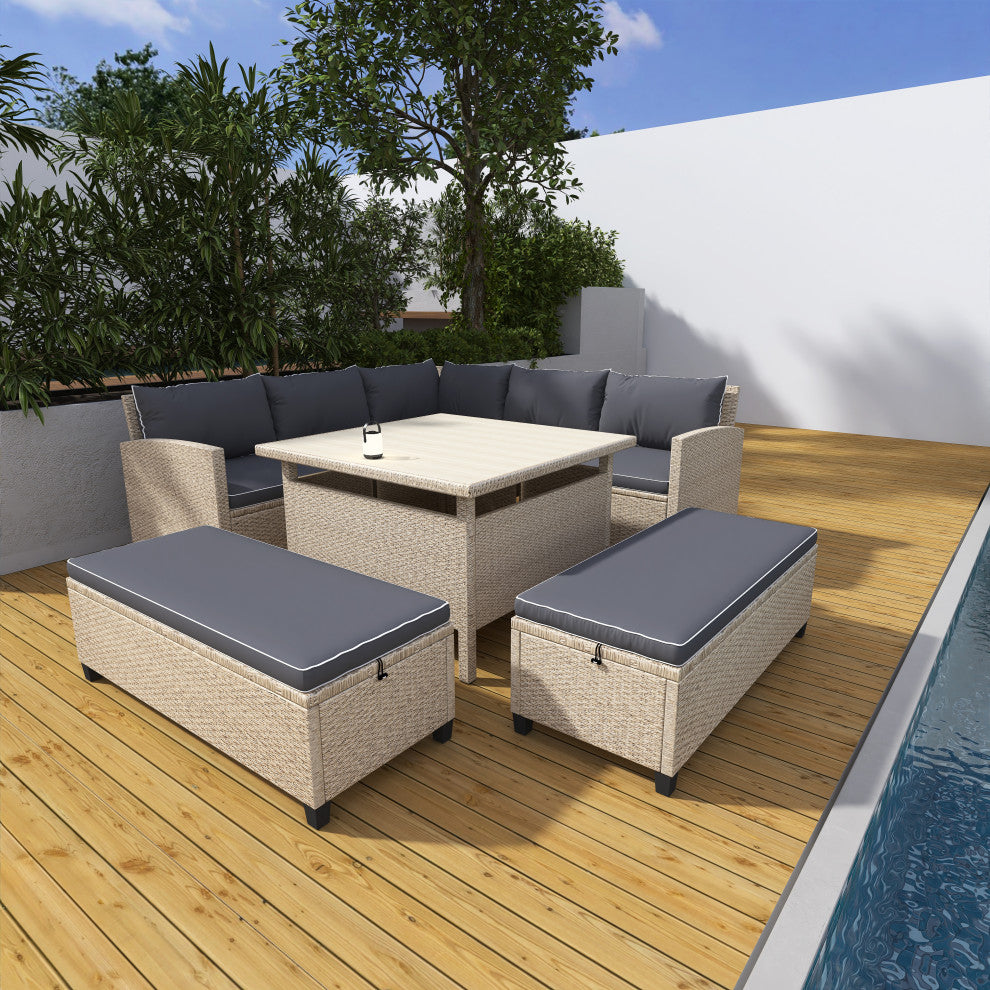 6 Pieces Outdoor Rattan Patio Sectional Sofa With Table and Benches