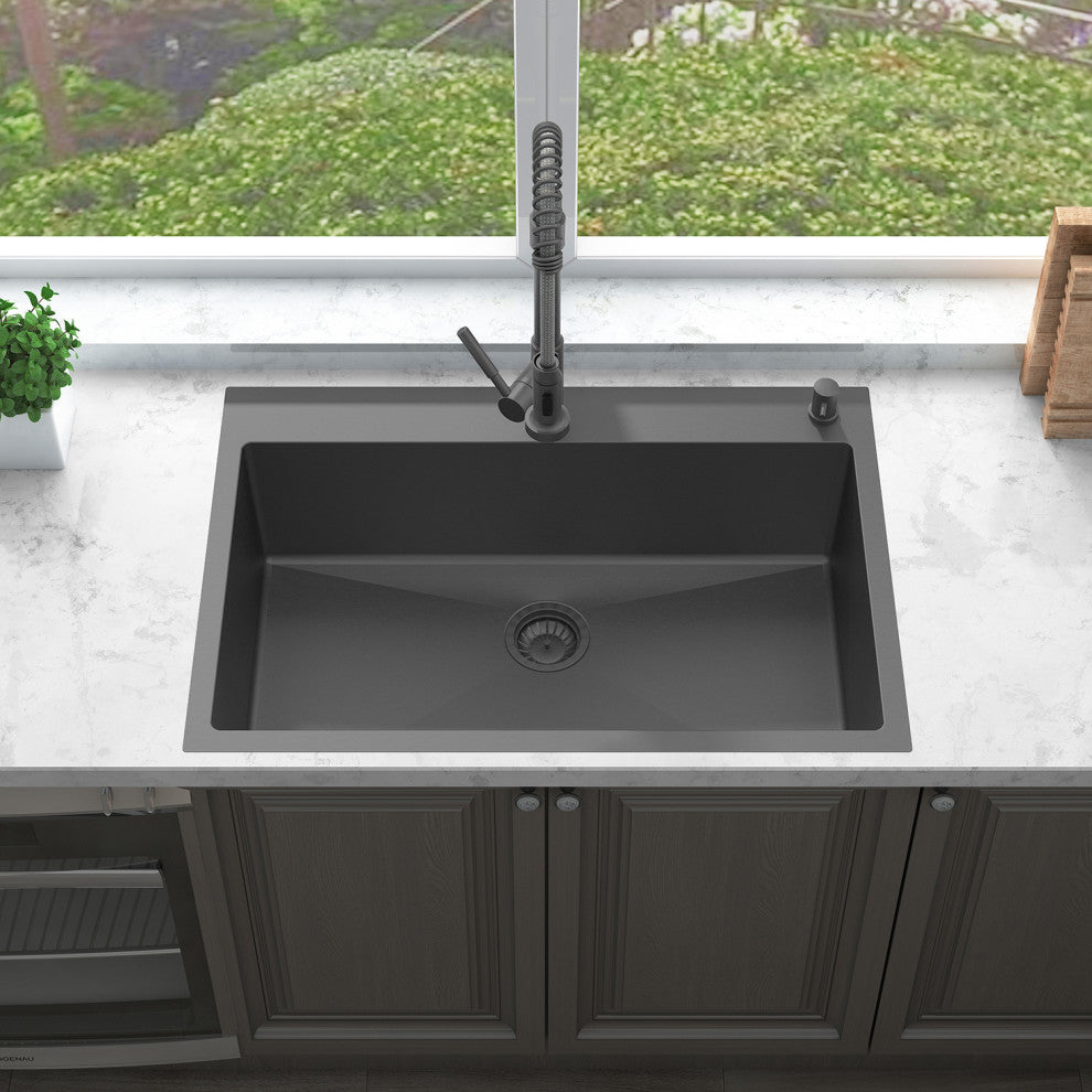 Sinber Single Bowl Kitchen Sink with 304 Stainless Steel Black Finish, 33"x22", Drop-in