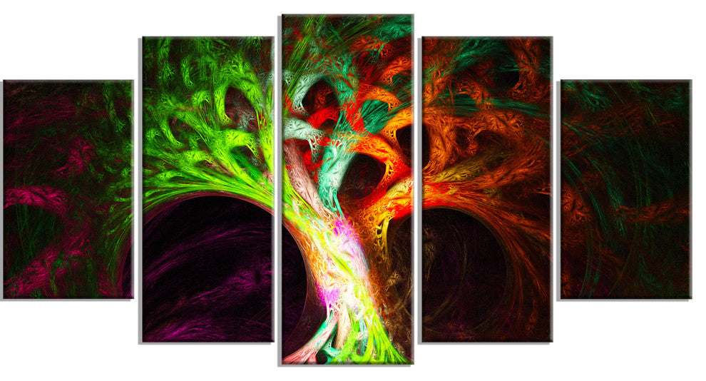 Magical Green Psychedelic Tree, Contemporary Art on Canvas, 60"x32", 5 Panels