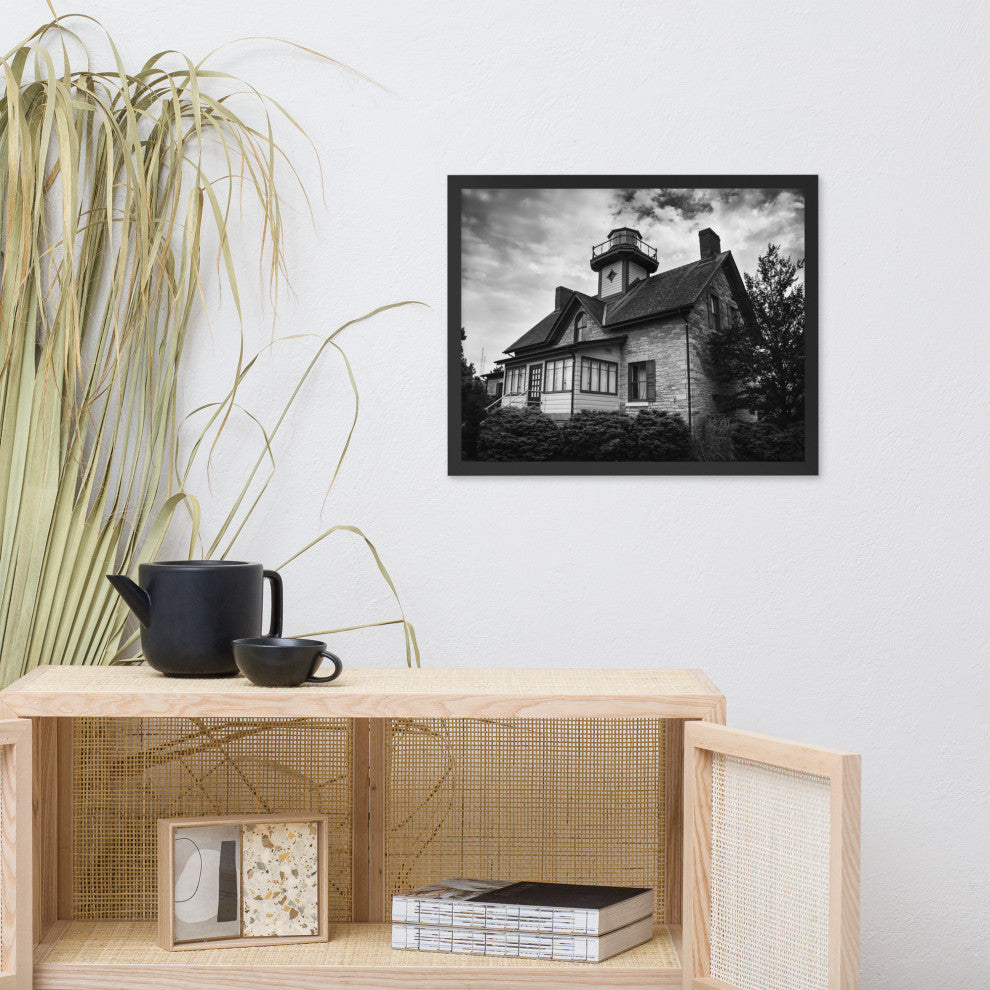 Cedar Point Lighthouse in Black and White Framed Photo Paper Wall Art Prints, Black, 16" X 20"