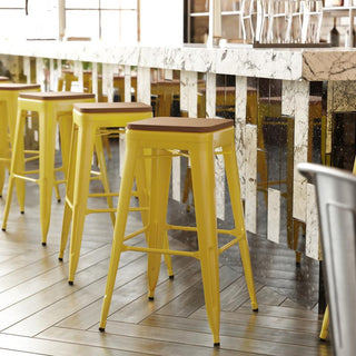 Kai Commercial Grade 30"H Metal Counter Stool, Yellow/Teak