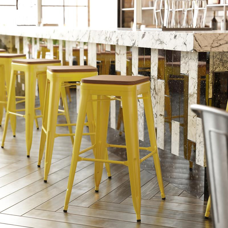 Kai Commercial Grade 30"H Metal Counter Stool, Yellow/Teak