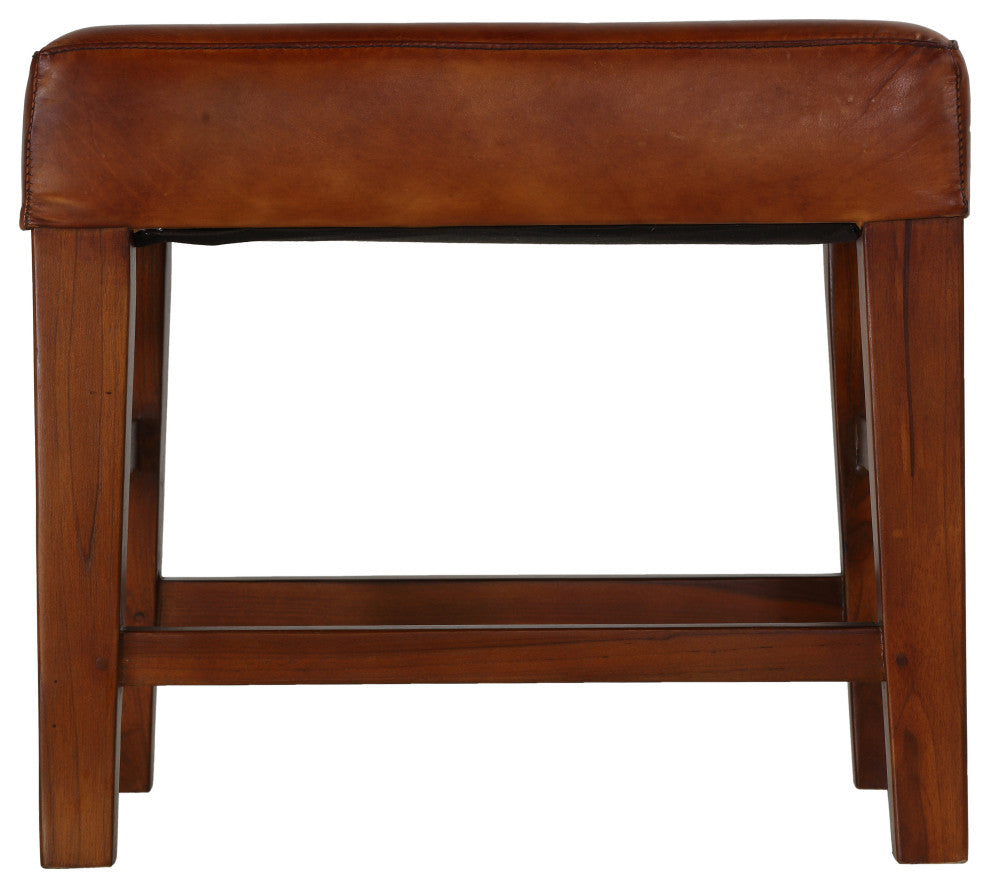 Alvin Genuine Leather Ottoman With Solid Teak Wood Legs, Brown