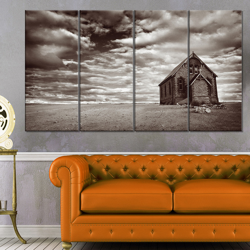 Abandoned Desert Church, Landscape Canvas Art Print, 48"x28", 4 Panels