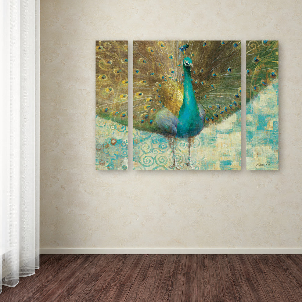 Danhui Nai 'Teal Peacock on Gold' Multi Panel Art Set,, 32"x24"