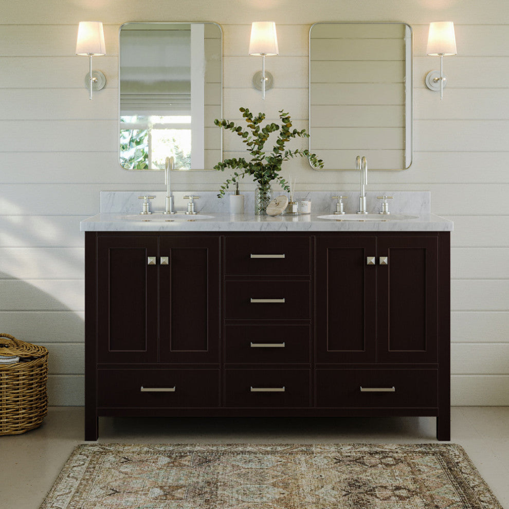 ARIEL Cambridge 61" Double Oval Sink Bathroom Vanity Espresso With Marble Top