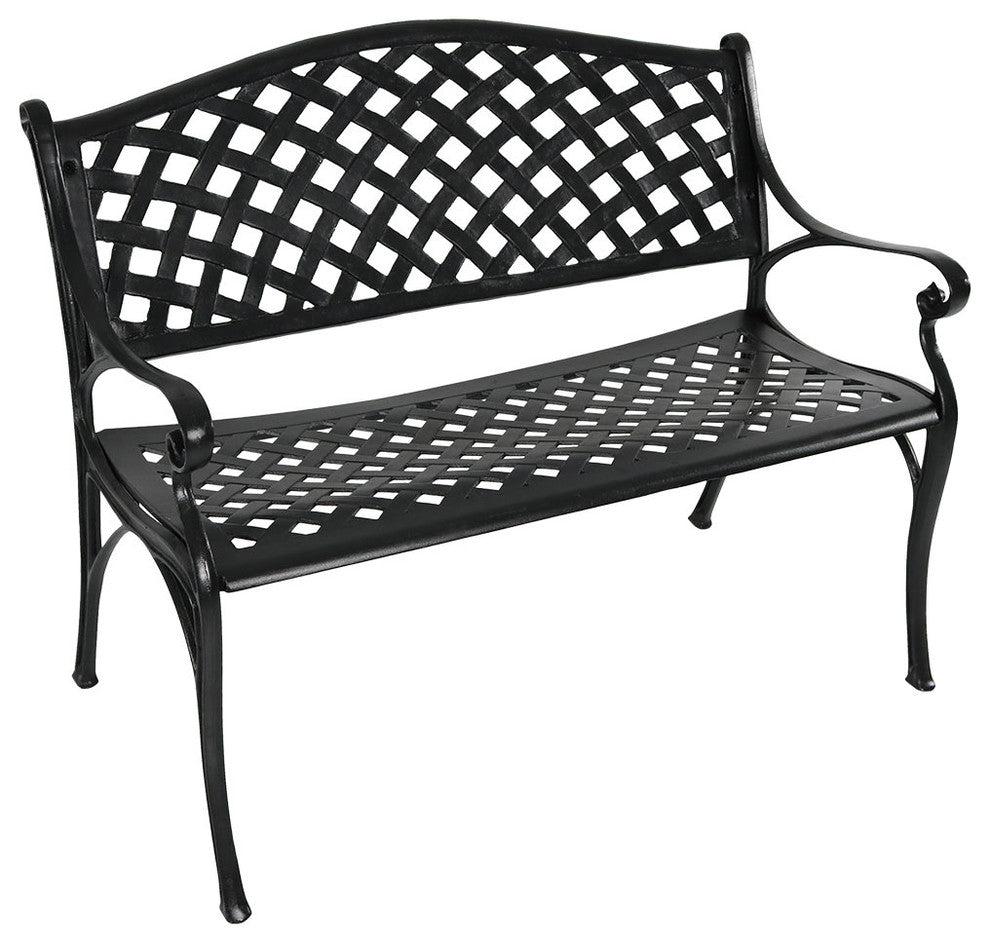 Sunnydaze 2-Person Black Checkered Cast Aluminum Outdoor Patio Garden Bench
