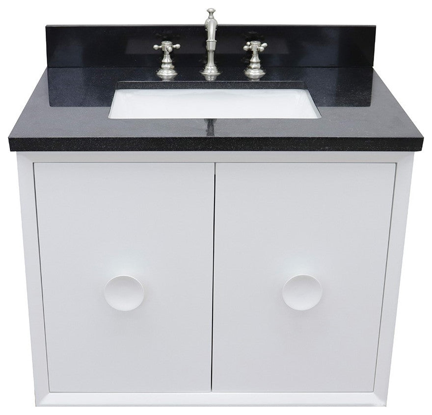 31" Single Wall Mount Vanity, White Finish With Black Galaxy Top