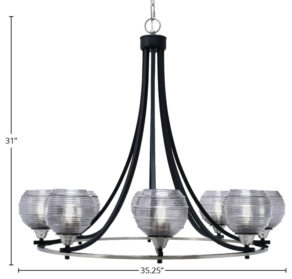Paramount 8-Light Chandelier, Matte Black & Brushed Nickel, 6" Smoke Ribbed