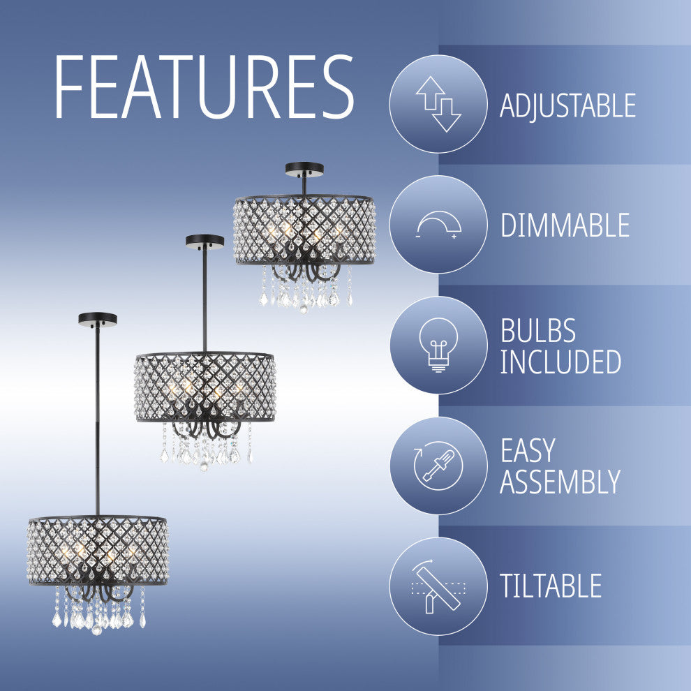 Gigi Metal and Crystal Adjustable LED Drop Pendant, Black and Clear, 17