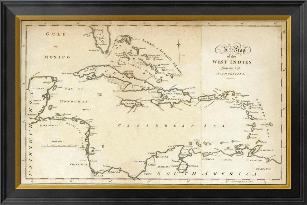 "Map of the West Indies, 1794" Framed Canvas Giclee by Jedidiah Morse, 34x23"