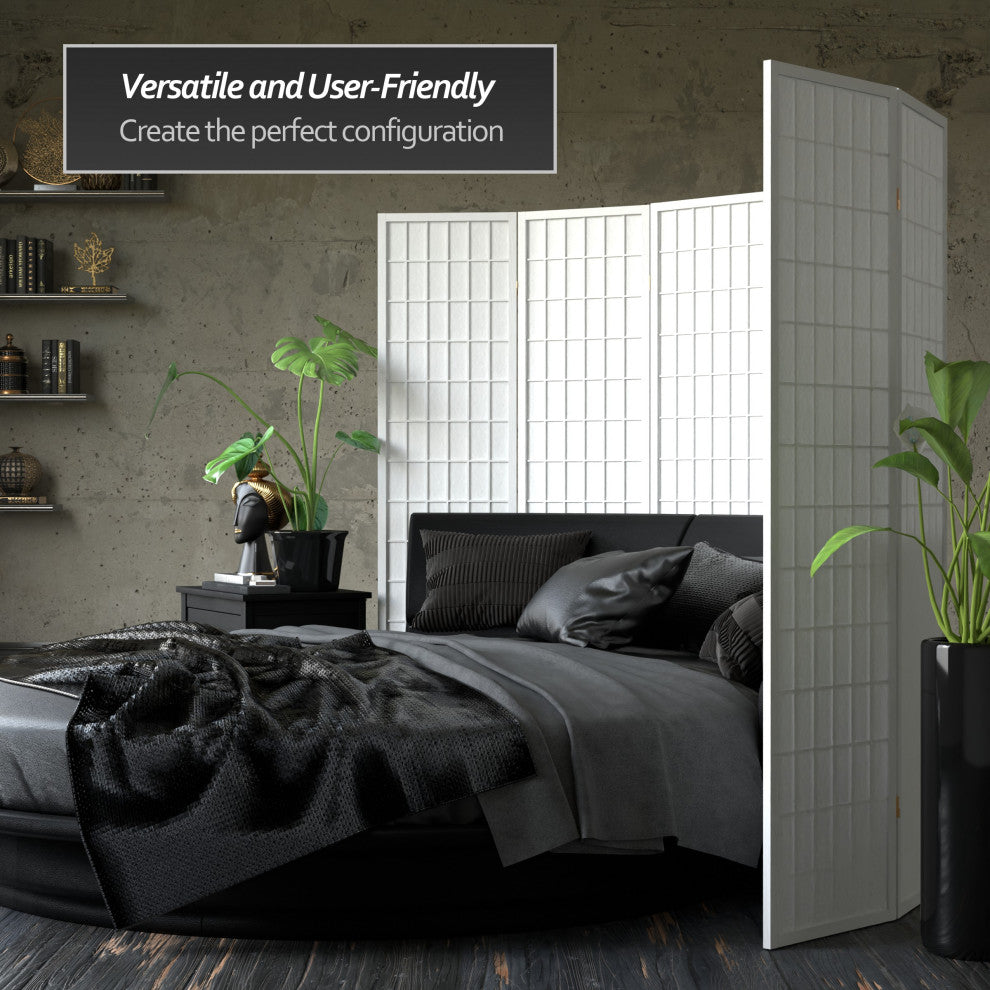 6' Tall Window Pane Shoji Screen, White, 8 Panels