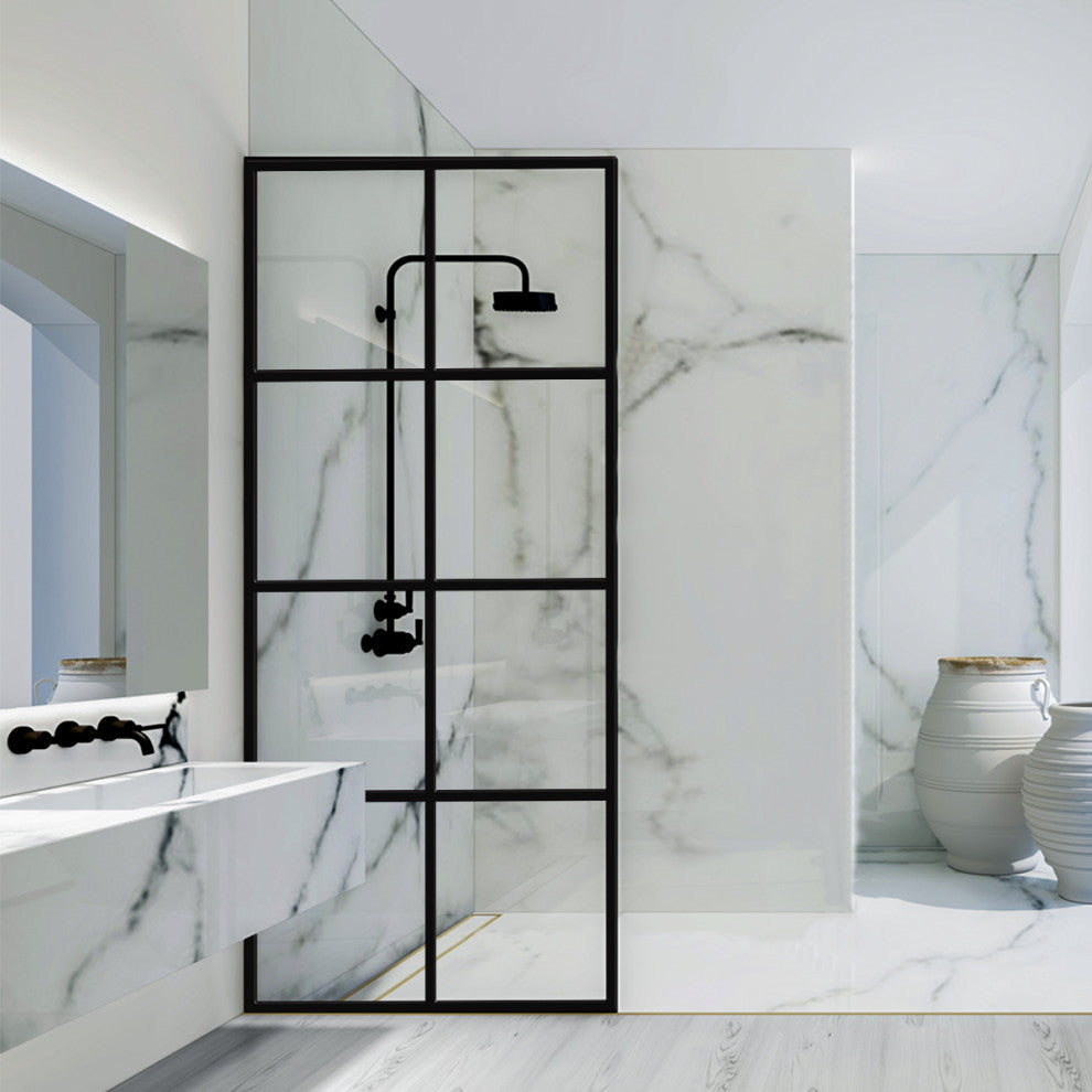 Madeira Grid Pattern Fixed Shower Screen, EnduroShield, Matte Black, 36"x76"