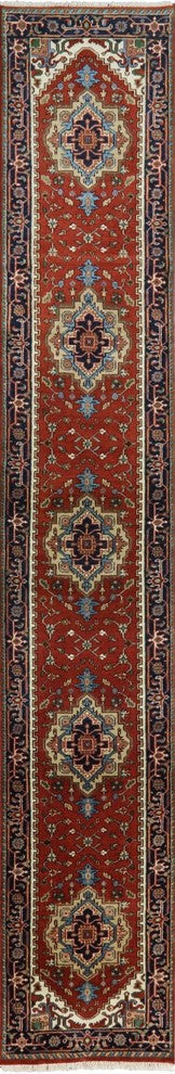Red & Blue 3'x16 Heriz Serapi Runner Hand Knotted Wool Rug H9250