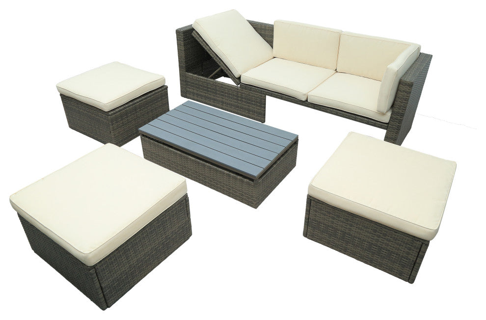 5-Piece Outdoor Wicker Patio Sofa with Ottomans and Lift Top Coffee Table, Gray