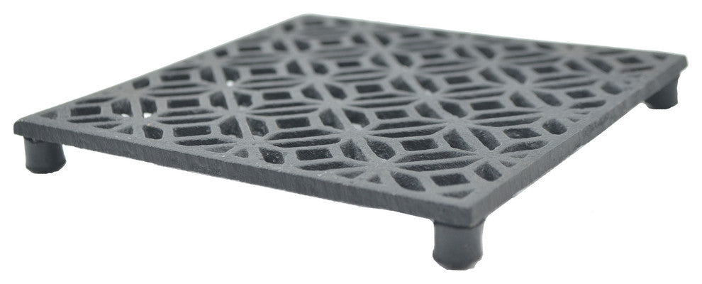 Decorative Square Black Cast Iron Trivet, Ornate Diamond Design, 5.25"