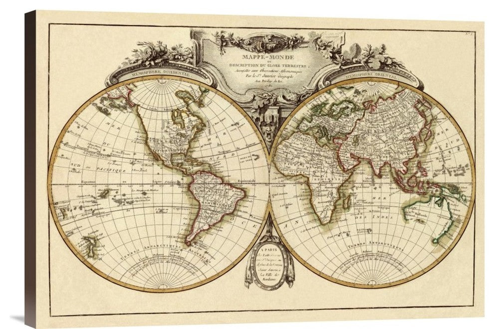 "Mappemonde, 1782" Stretched Canvas Giclee by Jean Janvier, 30"x20"