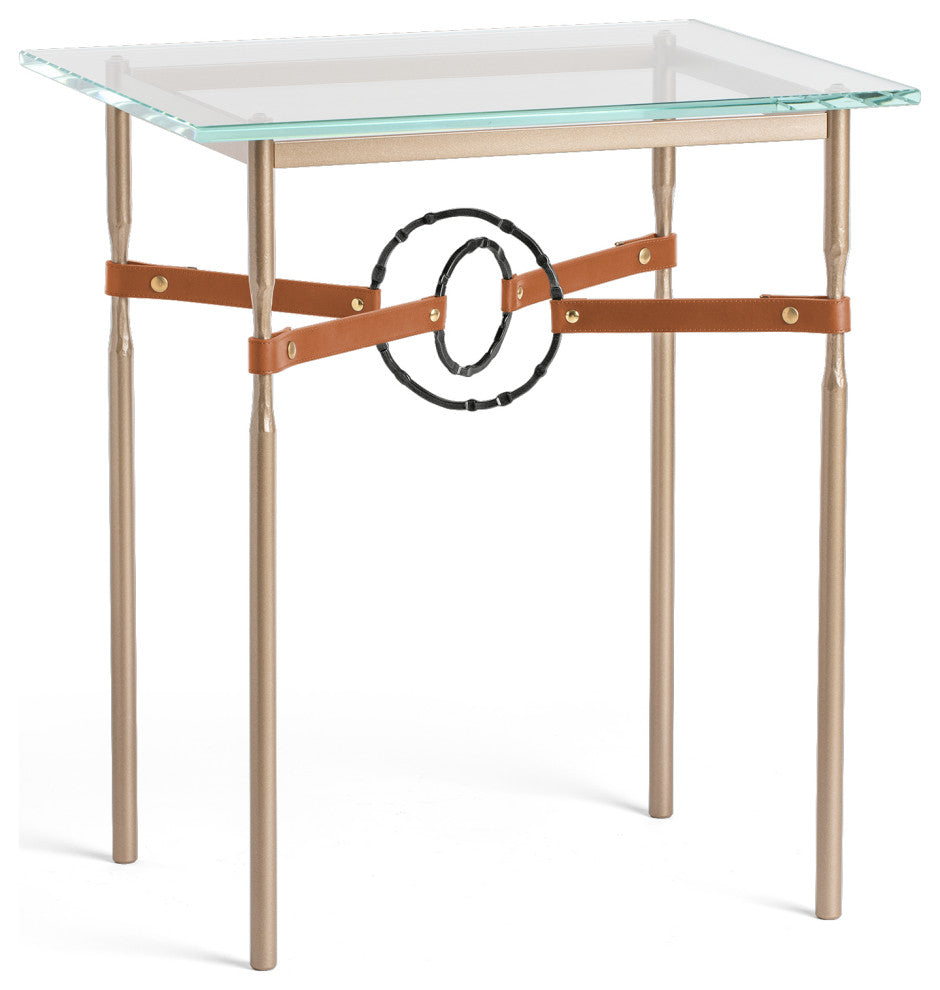 Equus Side Table, Soft Gold Finish, Black Accents, Chestnut Leather Strap