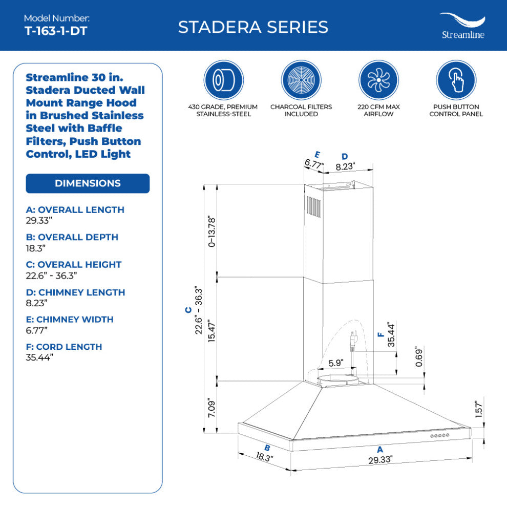 Streamline 30" Stadera Ducted Wall Mount Range Hood, Stainless Steel