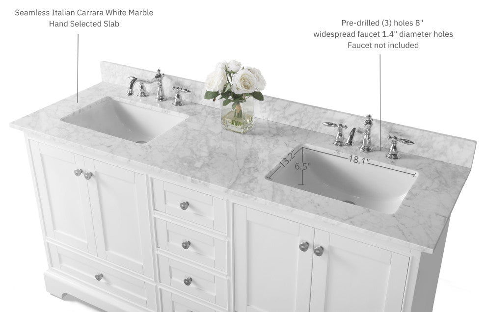 Audrey Vanity Set, White, 66", Brushed Nickle Hardware, No Mirror