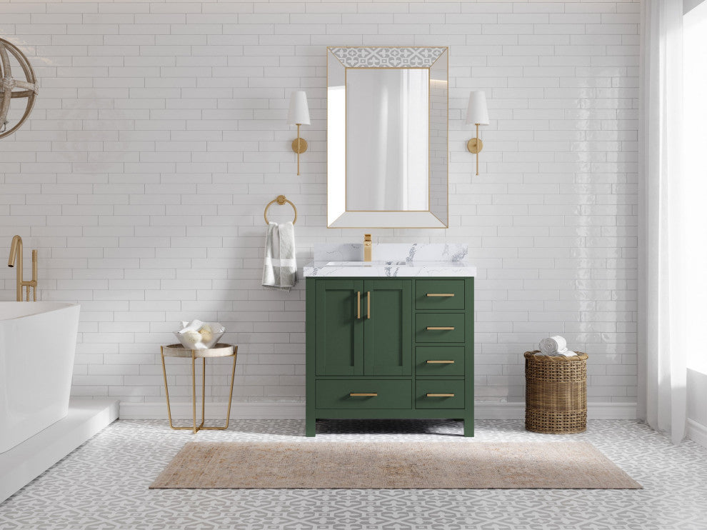 Malibu 36 Left Offset Bath Vanity in Lafayette Green 2" Calacatta Poanazzo