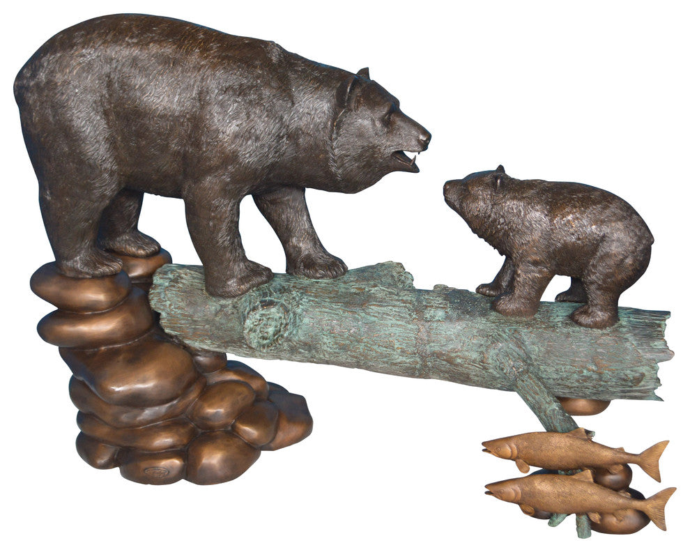 Family Bear on log giant bronze statue -  Size: 61"L x 34"W x 45"H.