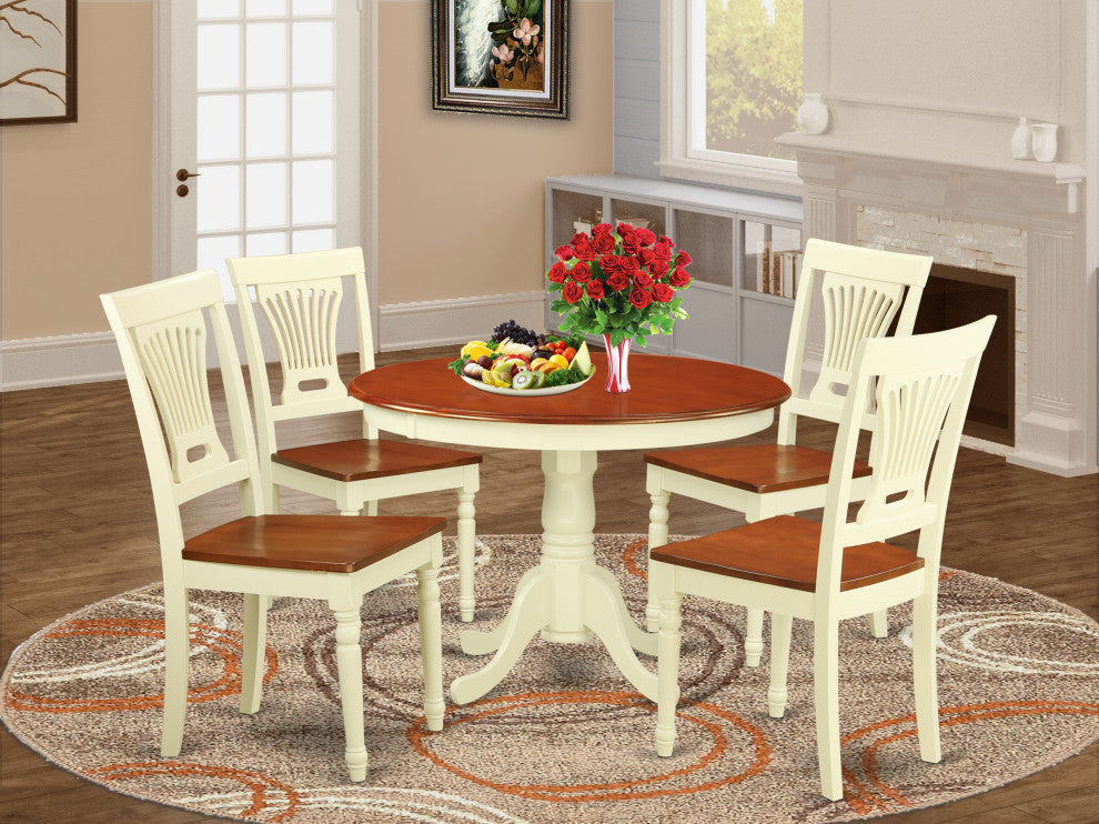 5 Pc Set, Round Small Table, 4 Leather Kitchen Chairs In Buttermilk, Cherry .