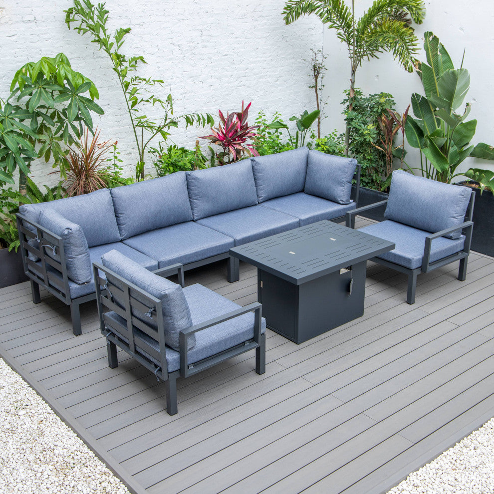 LeisureMod Hamilton 7-Piece Patio Sectional Set With Fire Pit Table, Blue