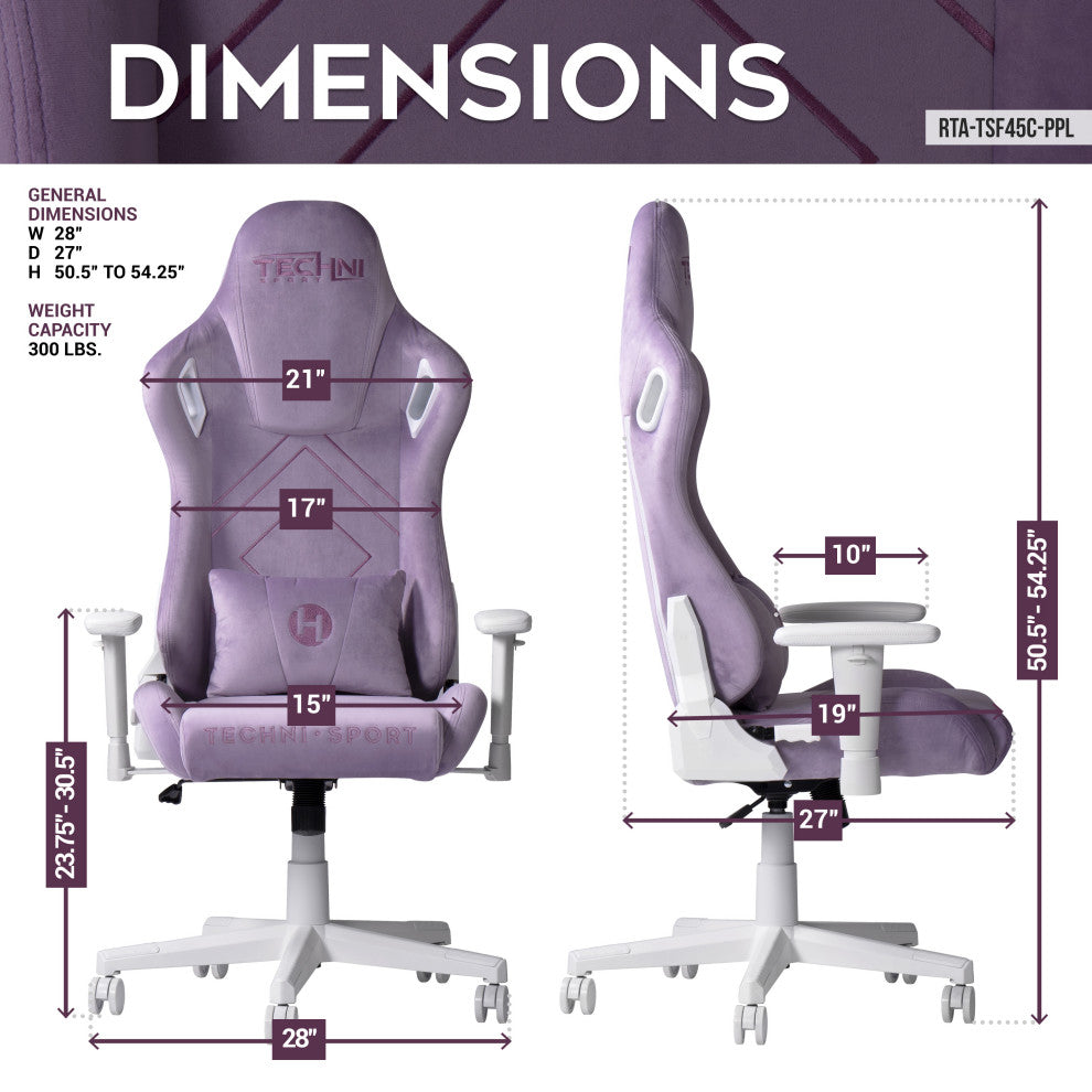 Techni Sport TSF45C Velvet Memory Foam Gaming Chair "“ White, Purple