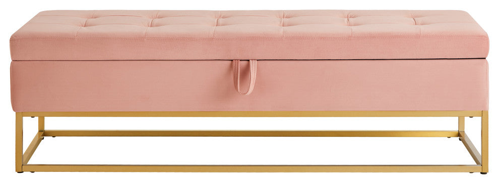 TATEUS Metal Base Bed Bench in Velvet Hidden Storage for Bedroom, Pink