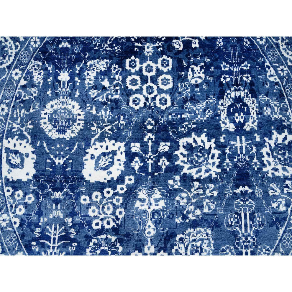 Denim Blue, Wool and Silk Hand Knotted, Tabriz Round Oriental Rug, 8'2"x8'2"