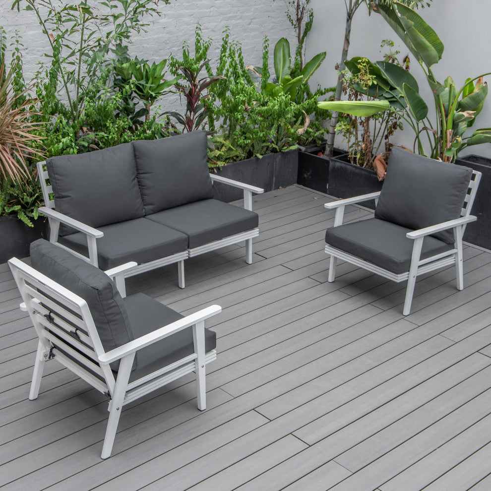 LeisureMod Walbrooke 3-Piece Patio Set With White Aluminum Frame and Cushions, Charcoal