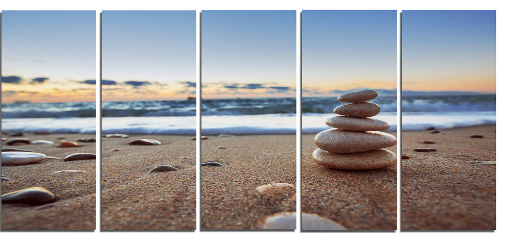 Stones Balance on Sandy Beach, Seashore Canvas Art Print, 60"x28", 5 Panels