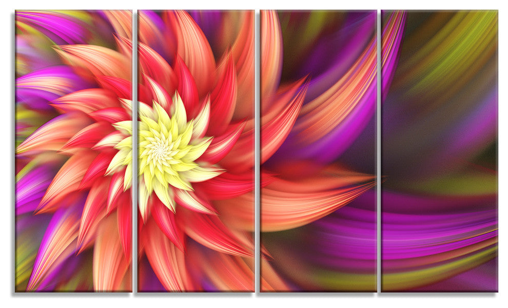 Large Red Purple Alien Flower, Floral Canvas Art Print, 48"x28", 4 Panels
