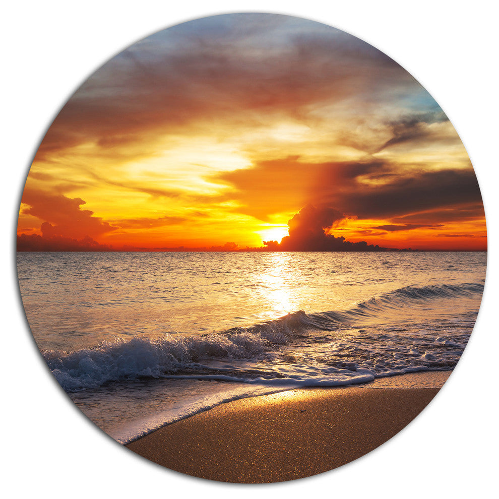 Yellow Sunset Through Dark Clouds, Seashore Disc Metal Artwork, 11"