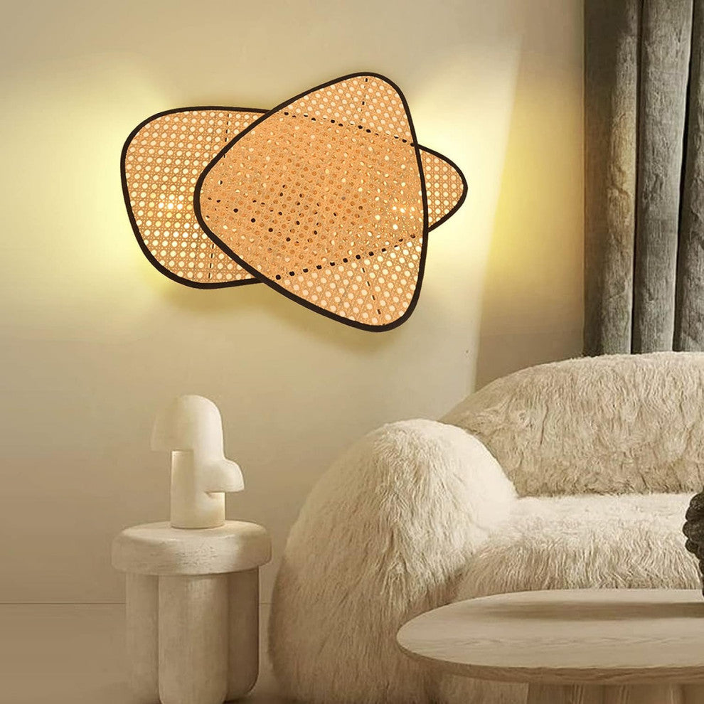 French Designer Wall Lamp with Hand Made Rattan Wicker for Bedroom, Double Head, Warm Light